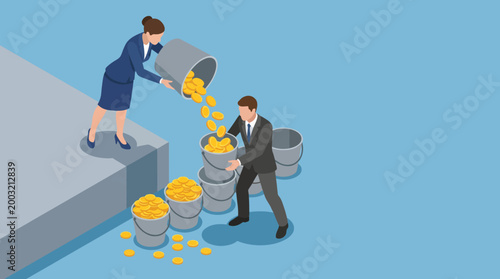 This illustration depicts two business professionals pouring gold coins into containers, symbolizing wealth management, investment, and the entrepreneurial spirit in finance.