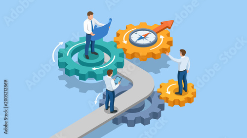 An illustration showing a team of professionals collaborating on a business strategy, featuring gears and a blueprint, symbolizing planning, teamwork, and organizational success.