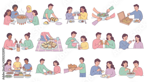 Flat Style Illustration of Diverse People Enjoying Meals Together