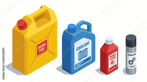 This clean illustration depicts various automotive fluid bottles, showcasing vibrant colors and clear labels, ideal for automotive-themed branding or educational content.