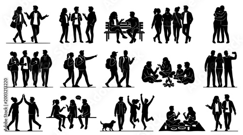 Black  White Silhouettes of Friends  People Socializing - Communication, Friendship, Lifestyle Vector