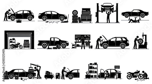 Automotive Car Service Mechanic Repair Black  White Silhouette Glyph Vector Icons Set