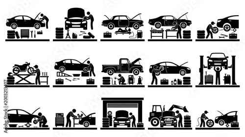 Automotive Vehicle Repair Service: Car, Truck, Motorcycle Mechanic Black  White Glyph Icons Set