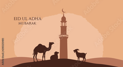 Eid Ul Adha Mubarak, Islamic Holiday Greeting, Camel and Sheep Silhouette, Mosque Tower, Desert Landscape Vector Illustration