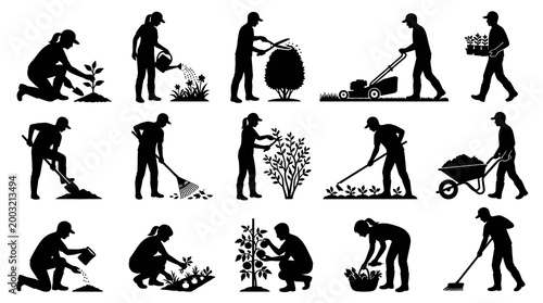 Gardening Silhouettes: People Planting, Mowing, Watering, Weeding, Harvesting