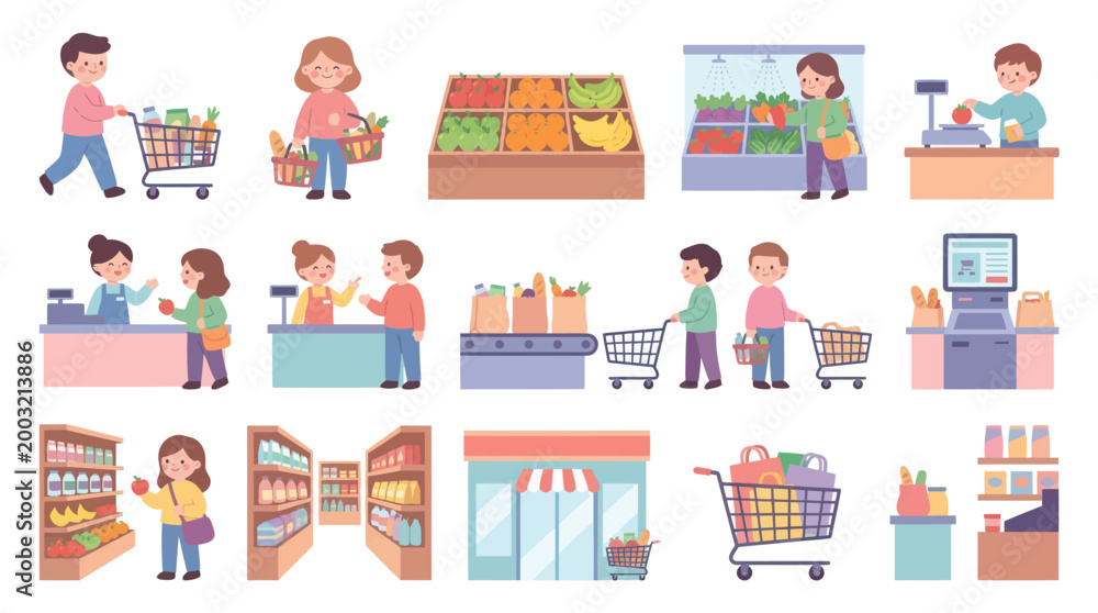 Fototapeta premium Flat Vector Icons: People Shopping in Grocery Store, Food, Commerce