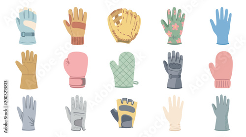 Diverse Protective Gloves and Mittens Collection in Flat Vector Style for Various Activities