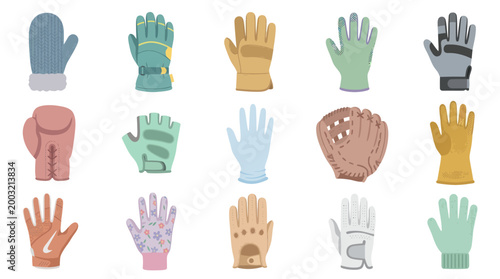 Flat Design Collection of Various Types of Gloves and Mittens for Different Activities