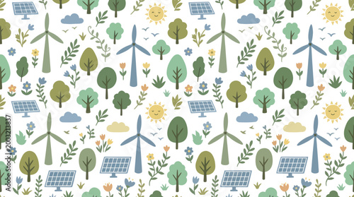 Sustainable Renewable Energy Flat Vector Seamless Pattern with Nature Elements