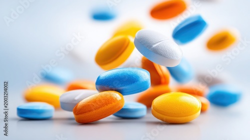 Colorful Vitamin Pills Falling in Dynamic Motion
