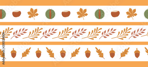 Set of seamless fall borders with chestnuts, rowan leaves, and acorns. Colorful vector autumn ribbons on orange stripes for forest-themed stationery and harvest packaging.