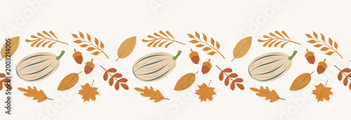 Seamless autumn border with large striped pumpkins, acorns, and falling leaves on a light background. Vector fall harvest decorative element for seasonal design.