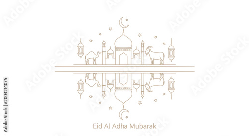 Eid Al Adha Mubarak, Islamic Holiday Greeting, Vector Illustration, Gold Line Art