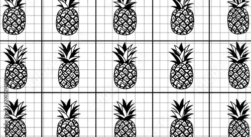 Modern and playful black and white seamless pattern featuring stylized pineapples arranged in a neat grid, perfect for textiles or backgrounds.