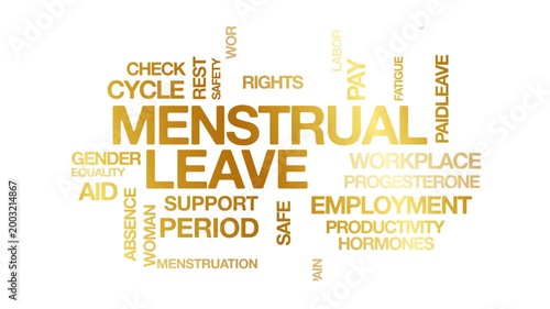 Menstrual leave concept Animated Tag Word Cloud kinetic typography, Text Design Animation typography seamless loop video motion graphics Intro Wordart workplace golden type on white background bg back