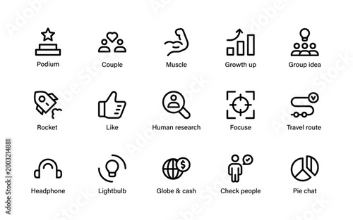 Business icons set for startup growth. High quality collection with finance management analytics teamwork communication and strategic concepts