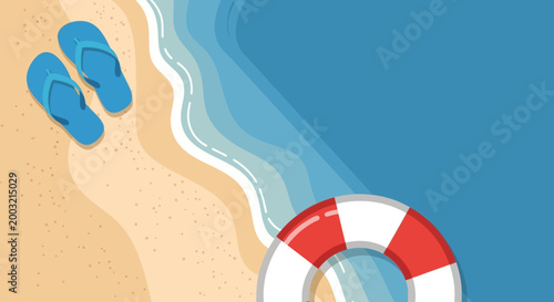 Top view vector illustration of summer beach with flip-flops and lifebuoy