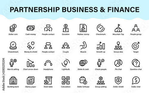 Partnership business and finance icon set featuring banking, analytics, communication, security, and growth concepts for apps, websites, and branding use