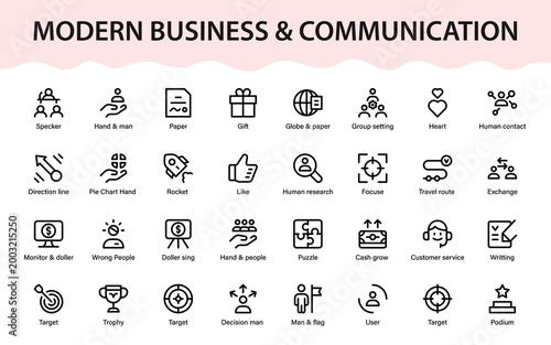Modern business and communication icon set featuring teamwork, analytics, growth, finance, global strategy, and customer service concepts