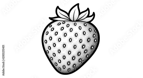 Detailed vintage stipple engraving style illustration of a ripe strawberry, showcasing intricate texture and tiny seed dots.