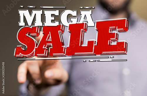 Hand pointing at Mega Sale text, perfect for advertising deals and special offers. Great for retail,