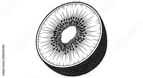 Detailed and textured black outline drawing of a kiwi fruit slice, showcasing its distinct central core, radiating seeds, and hairy rind.