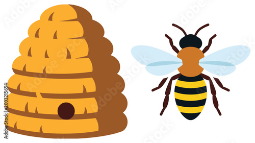 Natural honey bee and golden beehive icon isolated on white background.