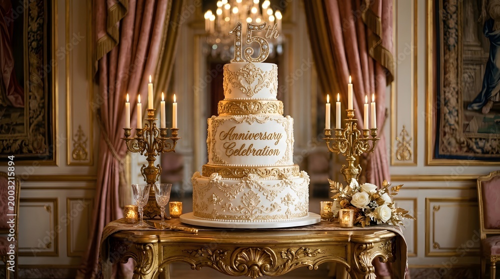 Obraz premium Elegant 15th anniversary celebration cake with gold ornate decorations in a luxurious palace ballroom setting