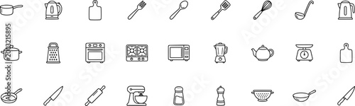 kitchen utensils and appliances collection including pot pan oven blender and tools on transparent background
