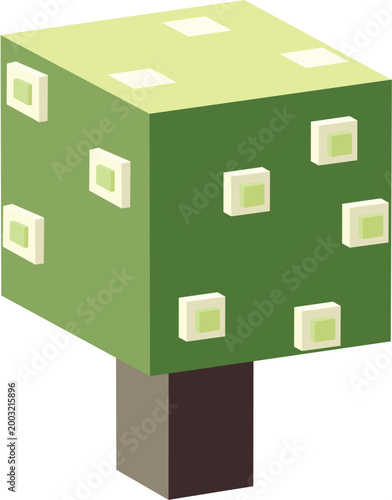 Isometric flowering tree with white blossoms in cubic low poly style