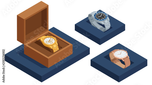 A sophisticated representation of luxury watches in an open display, showcasing elegant design, craftsmanship, and the allure of timepieces in a market setting.
