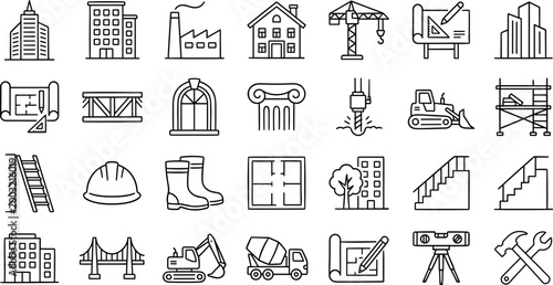 construction and architecture icons set including crane house tools blueprint and machinery on transparent background
