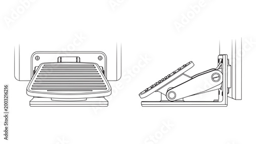 Detailed technical line art illustration of an ergonomic industrial foot pedal control device, presented in both front and side views for precision operation.