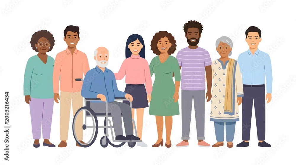 Obraz premium A diverse group of individuals standing together in unity and support. The image features people of different ages, backgrounds, and abilities, celebrating inclusivity. 