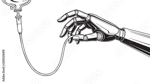Futuristic robotic arm receiving intravenous fluid drip, symbolizing advanced medical technology and artificial intelligence healthcare support in a monochrome line art illustration.