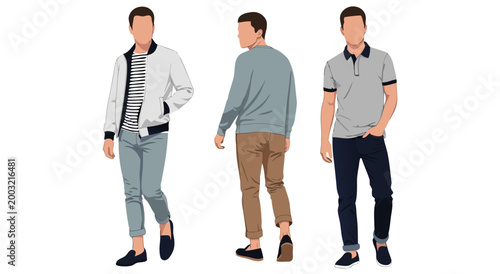 Vector illustration of stylish men's casual fashion outfits in a clean, modern, and professional graphic style, perfect for lifestyle and business