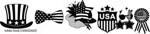 American uncle sam hat and patriotic accessories set with bow tie and glasses vector art.