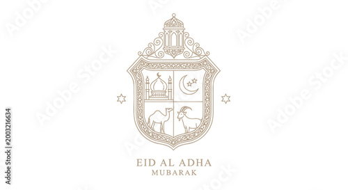 Eid Al Adha Mubarak, Islamic Holiday Greeting, Gold Foil Crest, Ramadan Celebration, Luxury Vector Emblem