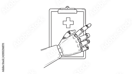 Robotic Hand Pointing at Medical Clipboard with Cross Symbol, Illustrating AI Healthcare Technology and Digital Health Solutions for Future Medicine and Diagnostics