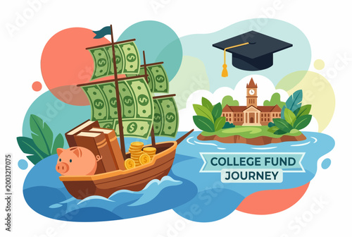 Educational Investment Concept with Money Ship and University Island