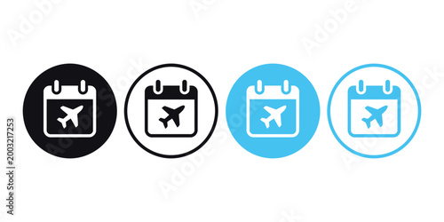 Travel planning calendar icon set, airplane schedule concept, four circular style vector icons for flight booking, itinerary management, and vacation planning interfaces, minimal clean UI design.