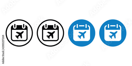 Travel planning calendar icon set, airplane schedule concept, four circular style vector icons for flight booking, itinerary management, and vacation planning interfaces, minimal clean UI design.