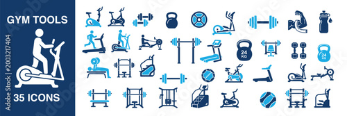 Large mega set of 35 gym tools icons featuring fitness equipment, bodybuilding machines, weightlifting gear, cardio training silhouettes, cad drawing flat vector illustration.
