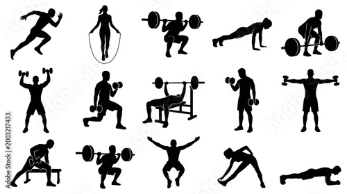 Fitness  Health Workout Exercises Silhouettes Vector Set. Black  White Gym Icons.