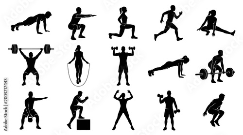 Fitness Sport Workout Silhouettes Vector Icons Set - Training  Exercise Glyphs
