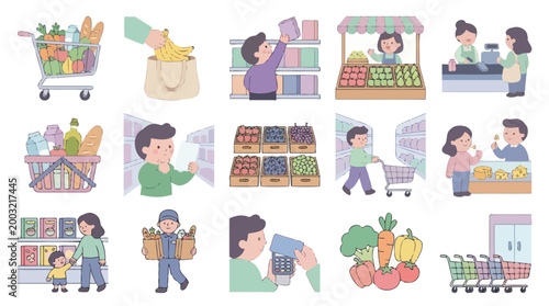 Grocery Shopping  Retail Activities Flat Vector Illustration Set with People and Products