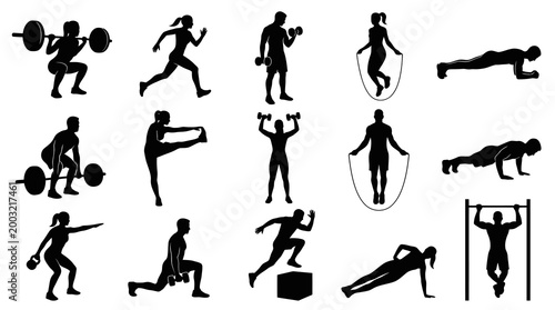 Active Fitness Workout Exercise People Silhouettes Icons Black White Vector Set