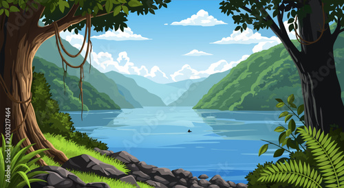 Serene Tropical Rainforest River Valley Landscape Vector Illustration with Lush Green Vegetation and Majestic Mountains