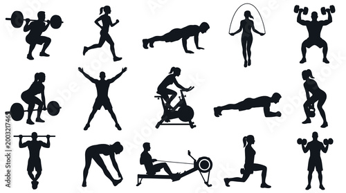 Fitness Silhouette Icons: Exercise, Workout, Health, Gym, Active Lifestyle
