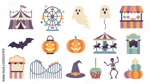 Flat Carnival and Halloween Icons Set - Amusement Park  Spooky Holiday Vector Elements